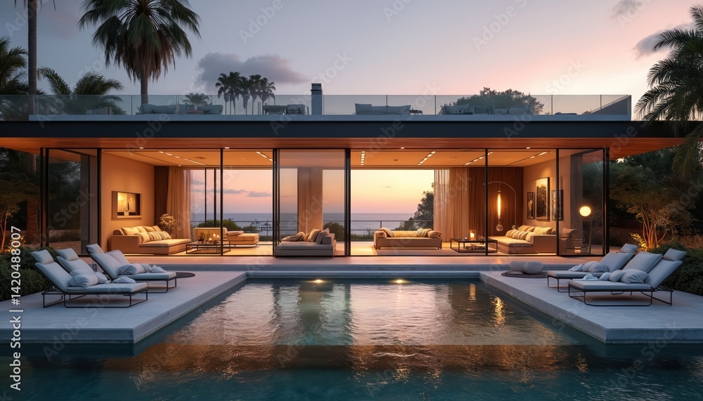 Modern coastal villa with ocean view pool. Luxury design features stylish exterior interior. California home architecture, scenic landscape. Sunny evening sky with palm trees, home decor. Real