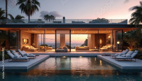 Obraz na płótnie Modern coastal villa with ocean view pool. Luxury design features stylish exterior interior. California home architecture, scenic landscape. Sunny evening sky with palm trees, home decor. Real w salonie