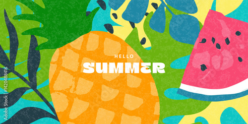 Bright summer background with tropical fruits and leaves. Watermelon, pineapple, abstract style. Perfect for websites, social networks and promotional materials.