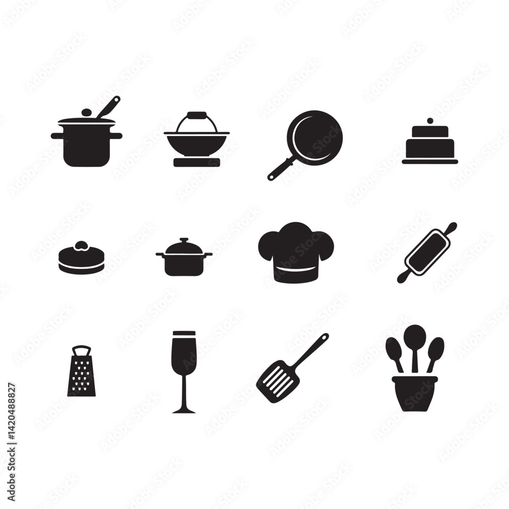Collection of Culinary Icons for Cooking and Baking.A set of black and white silhouettes of various kitchen utensils and equipment, including pots, pans, a chef's hat, cake, rolling pin, grater, wine Collection of Culinary Icons for Cooking and Baking.A set of black and white silhouettes of various kitchen utensils and equipment, including pots, pans, a chef's hat, cake, rolling pin, grater, wine