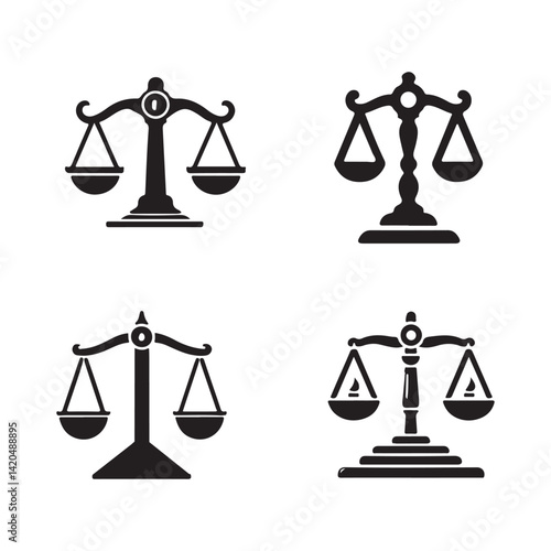 Four Black and White Justice Scales Icons.Four stylized icons of balance scales, perfect for legal, justice, or fairness themes.