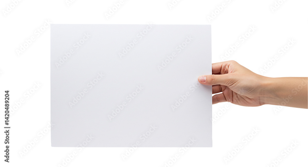 A hand holding a blank white rectangular piece of paper against a black background in a studio shot A hand holding a blank white rectangular piece of paper against a black background in a studio shot