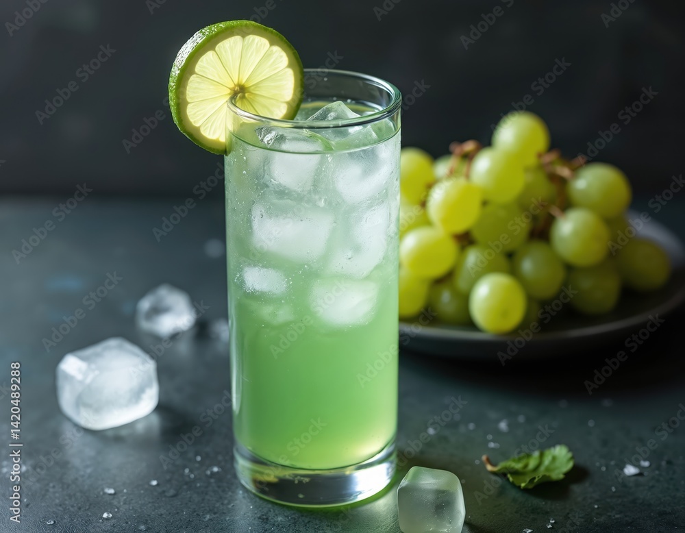 Refreshing green beverage with lime, ice cubes. Glass of fruit drink, kiwi shake with grapes. Summer cold sweet cocktail, lemonade, milkshake, drink concept. Refreshing green beverage with lime, ice cubes. Glass of fruit drink, kiwi shake with grapes. Summer cold sweet cocktail, lemonade, milkshake, drink concept.