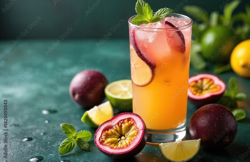 Passion fruit lemonade cocktail with ingredients. Tropical drink with fresh fruits, mint leaves, ice cubes in highball glass. Summer refreshment, bar menu, healthy lifestyle, restaurant.