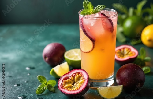 Obraz na płótnie Passion fruit lemonade cocktail with ingredients. Tropical drink with fresh fruits, mint leaves, ice cubes in highball glass. Summer refreshment, bar menu, healthy lifestyle, restaurant. w salonie