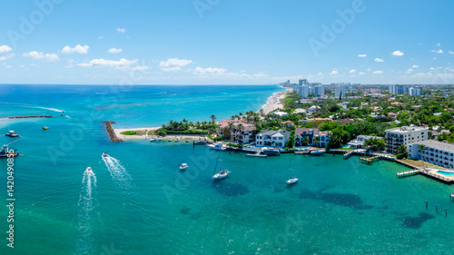 Fototapeta Naklejka Na Ścianę i Meble -  drone view of Hillsboro Inlet, Florida with beach and city