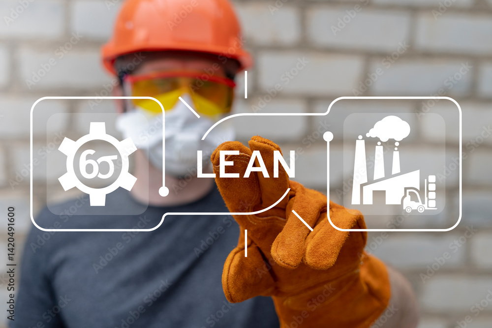 Factory worker using virtual touch screen push button with text: LEAN. Lean manufacturing DMAIC six sigma technology concept.