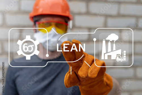 Obraz na płótnie Factory worker using virtual touch screen push button with text: LEAN. Lean manufacturing DMAIC six sigma technology concept. w salonie