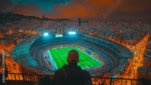 Night View of Camp Nou Stadium in Barcelona, Spain