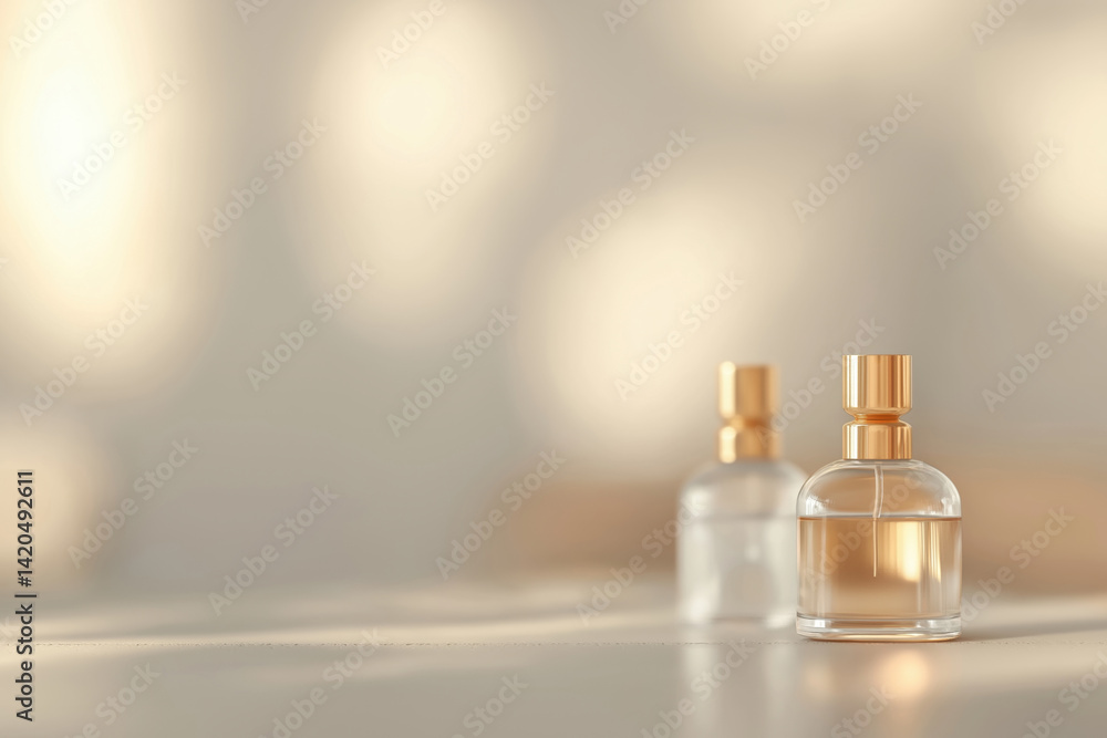 Modern fragrance presentation featuring glass perfume bottles with golden details, ideal for luxury marketing and advertising. Modern fragrance presentation featuring glass perfume bottles with golden details, ideal for luxury marketing and advertising.