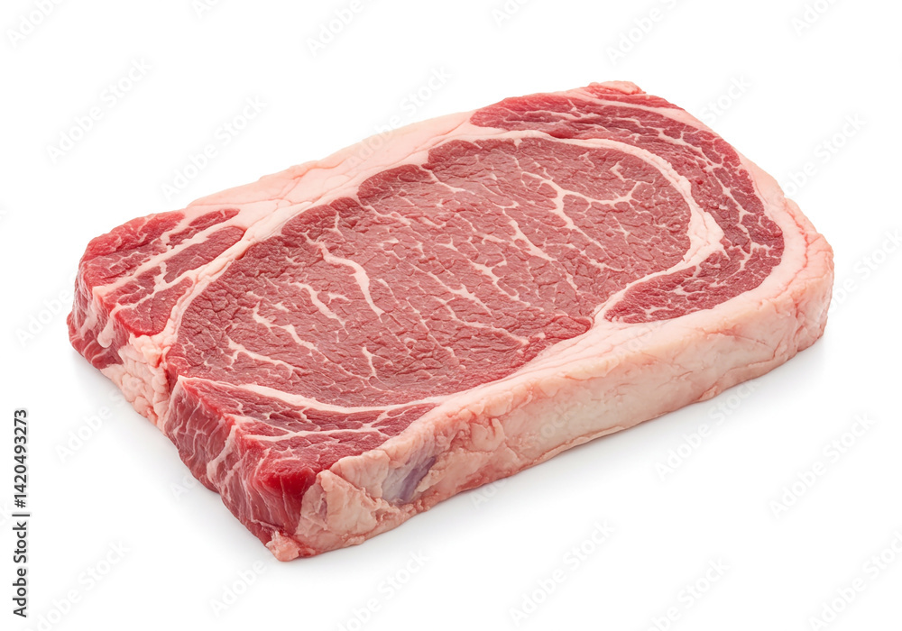 Raw beef steak with marbled fat placed on a clean white background. Uncooked meat slab, fresh and red, ideal for grilling, cooking, or culinary content in food blogs, ads, and recipes. Raw beef steak with marbled fat placed on a clean white background. Uncooked meat slab, fresh and red, ideal for grilling, cooking, or culinary content in food blogs, ads, and recipes.