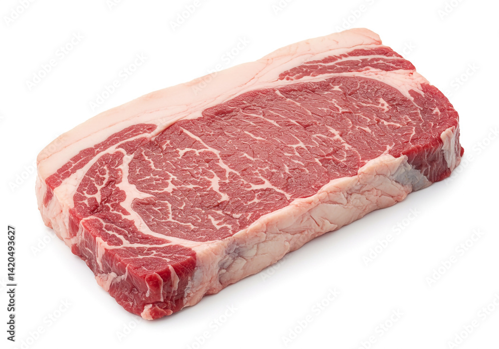 Raw beef steak with marbled fat placed on a clean white background. Uncooked meat slab, fresh and red, ideal for grilling, cooking, or culinary content in food blogs, ads, and recipes. Raw beef steak with marbled fat placed on a clean white background. Uncooked meat slab, fresh and red, ideal for grilling, cooking, or culinary content in food blogs, ads, and recipes.