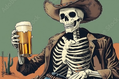 Skeleton Cowboy Holding Beer Mug - Gothic Western Cheers Scene
