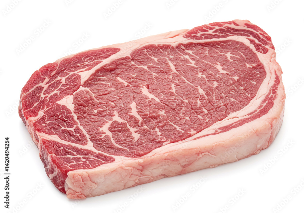 Raw beef steak with marbled fat placed on a clean white background. Uncooked meat slab, fresh and red, ideal for grilling, cooking, or culinary content in food blogs, ads, and recipes. Raw beef steak with marbled fat placed on a clean white background. Uncooked meat slab, fresh and red, ideal for grilling, cooking, or culinary content in food blogs, ads, and recipes.