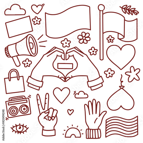 Set of doodle icons with peace sign, hand hearts, flags, flowers, hearts, and other social or love-themed line art elements