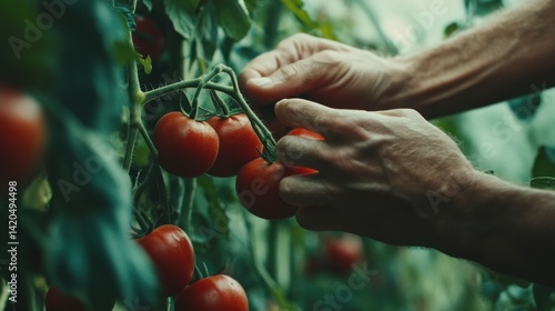 A close-up of hands harvesting ripe tomatoes in a greenhouse --ar 16:9 --v 6.1 Job ID: 25cdb6ef-3e3c-422c-80cd-113749b103a9