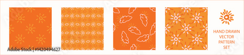 Vibrant fall cloud sunshine seamless nursery pattern set. Naive illustration of summer sky in hand drawn playful style for childrens nursery backdrops, wallpaper. 