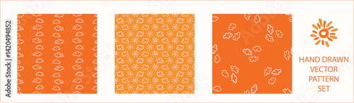 Vibrant fall cloud sunshine seamless nursery pattern set. Naive illustration of summer sky in hand drawn playful style for childrens nursery backdrops, wallpaper. 