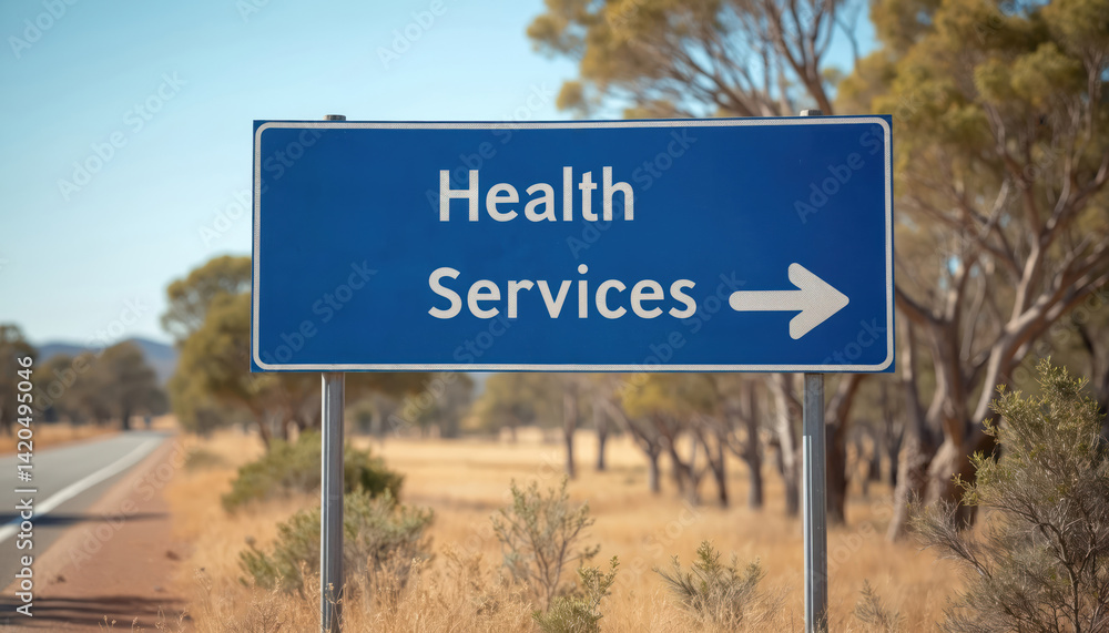 Road sign points towards health services in rural Australian outback. Directional signage indicates direction to care clinic medical center. Sign on highway in dry landscape. Healthcare access,
