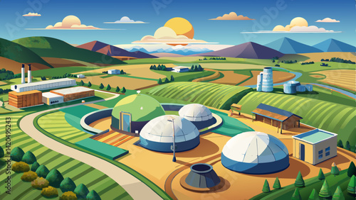 Drone shot of an eco-friendly biogas facility with circular digesters and methane storage domes, integrated into the rural countryside with fields stretching .