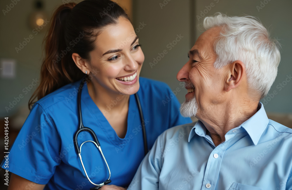 Smiling nurse examines senior patient. Cheerful elderly man, pro health worker. Medical care in nursing home, clinic. Positive environment, support, healthcare, wellness.