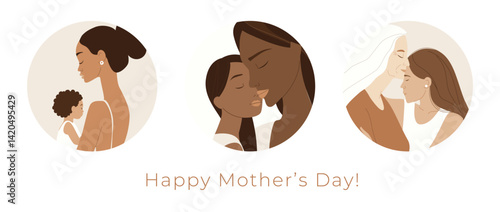 Happy Mothers Day Diverse Family Love Illustration in Modern Flat Style