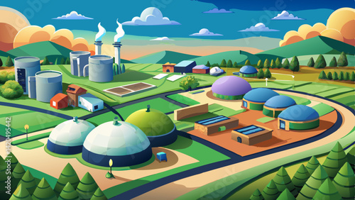 Drone shot of an eco-friendly biogas facility with circular digesters and methane storage domes, integrated into the rural countryside with fields stretching .