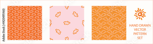 Vibrant fall cloud sunshine seamless nursery pattern set. Naive illustration of summer sky in hand drawn playful style for childrens nursery backdrops, wallpaper. 