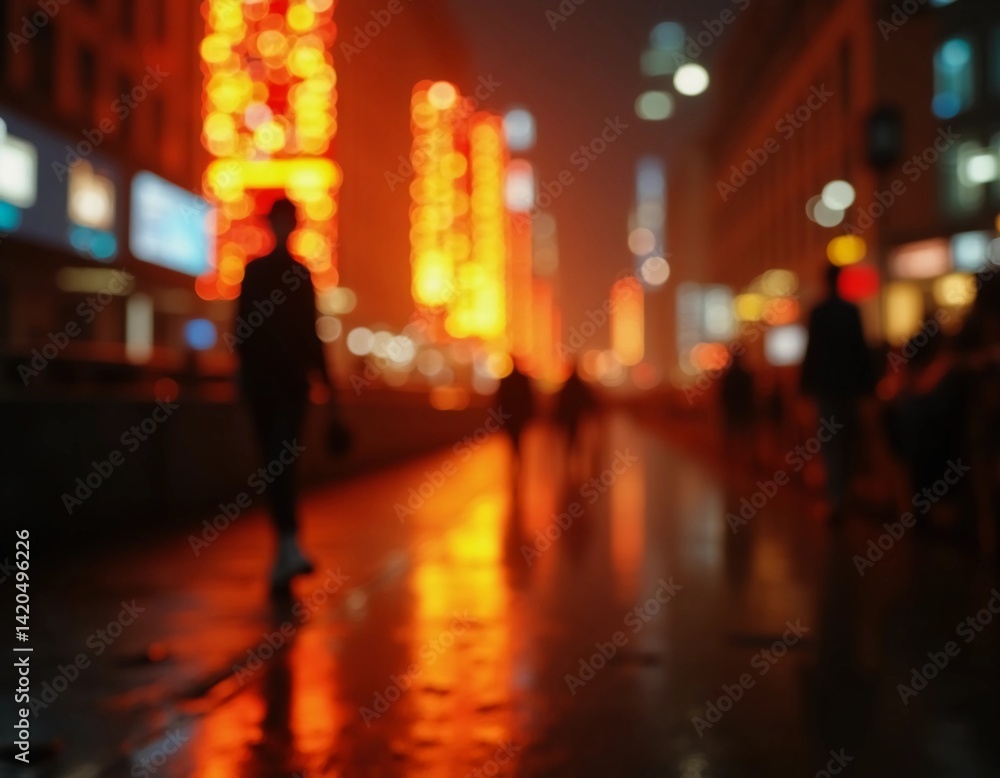 Fototapeta premium Passersby wander along a bustling street illuminated by vibrant orange lights, creating a magical atmosphere on a rainy evening. Cool reflections mark the wet pavement Generative AI