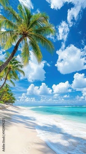 Tropical beach paradise with swaying palms, turquoise ocean, and white sand