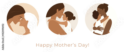 Happy Mothers Day Diverse Family Love Illustration in Modern Flat Style