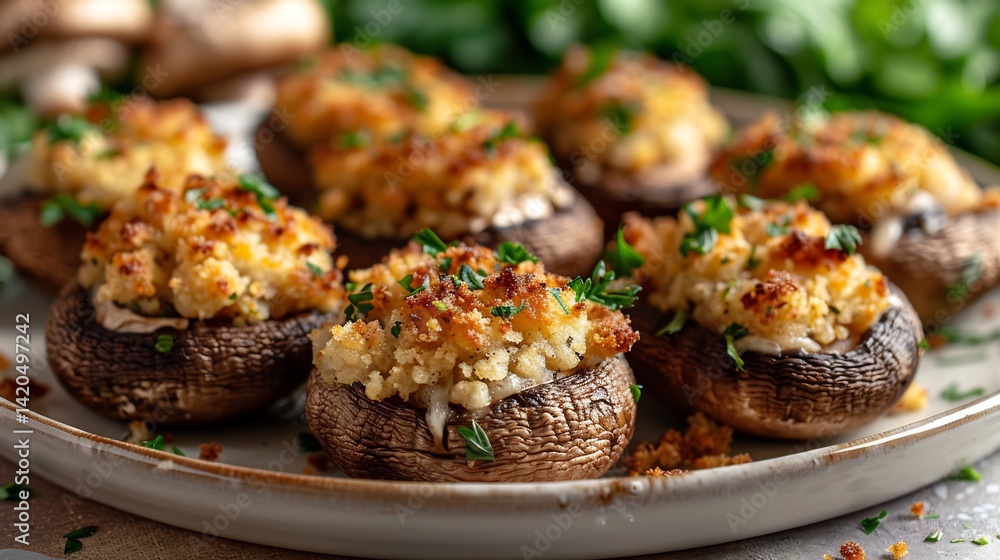 Vegan stuffed mushrooms breadcrumbs and herbs arranged in rows on clean white ceramic plate Vegan stuffed mushrooms breadcrumbs and herbs arranged in rows on clean white ceramic plate