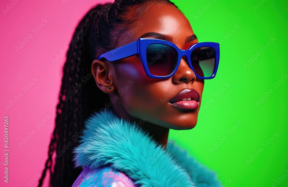 High fashion studio portrait of young african american woman with sunglasses. Beautiful makeup bright neon colors in studio. Model wearing trendy bright blue sunglasses. Attractive stylish lady