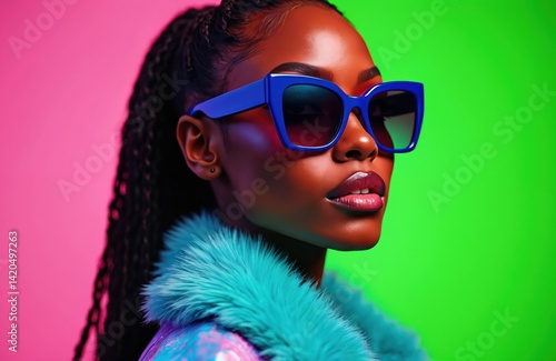 Obraz na płótnie High fashion studio portrait of young african american woman with sunglasses. Beautiful makeup bright neon colors in studio. Model wearing trendy bright blue sunglasses. Attractive stylish lady w salonie