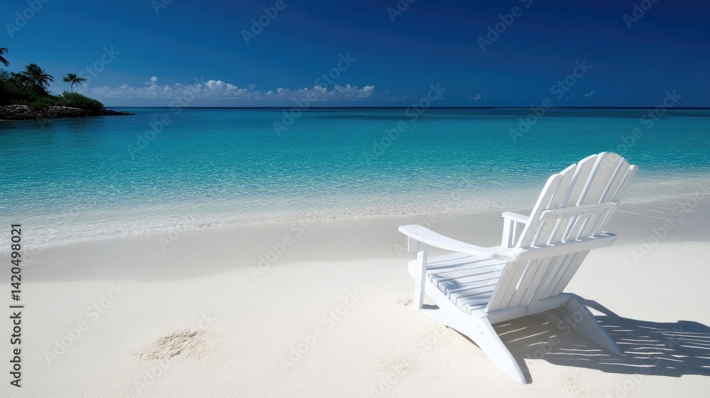 Tranquil beach scene. White Adirondack chair on pristine beach, turquoise water, clear sky Tranquil beach scene. White Adirondack chair on pristine beach, turquoise water, clear sky