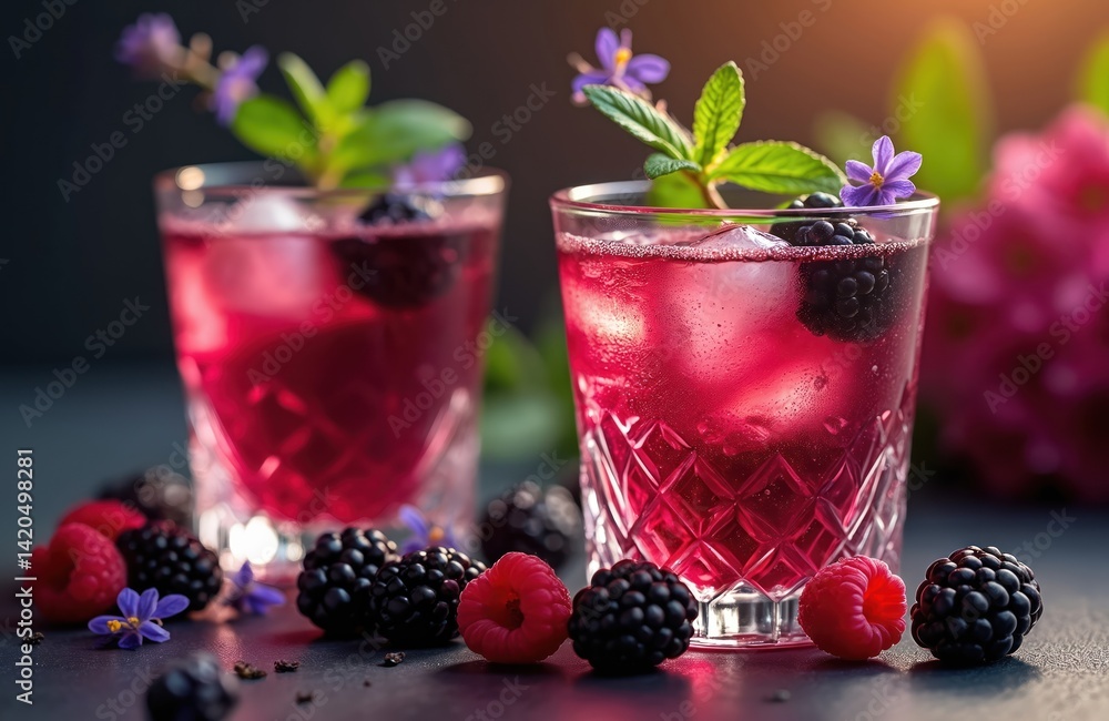 Refreshing blackberry drink with ice in fancy glasses. Fresh berries, mint garnish, lavender flowers. Cold summer cocktail, perfect for restaurant, bar, party. Fresh and sweet alcoholic beverage.