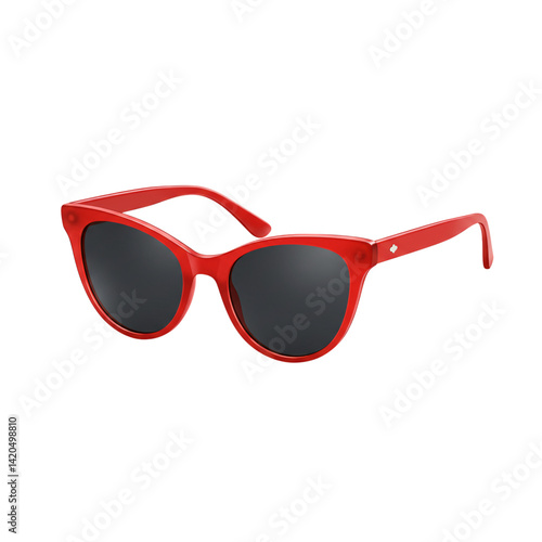 A bright red cat-eye sunglasses model, angled, against a dark background, showcasing the design.