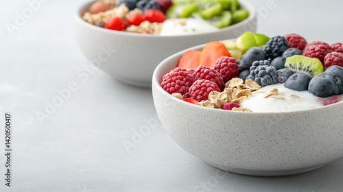 Colorful yogurt parfaits with fresh berries, kiwi, and granola