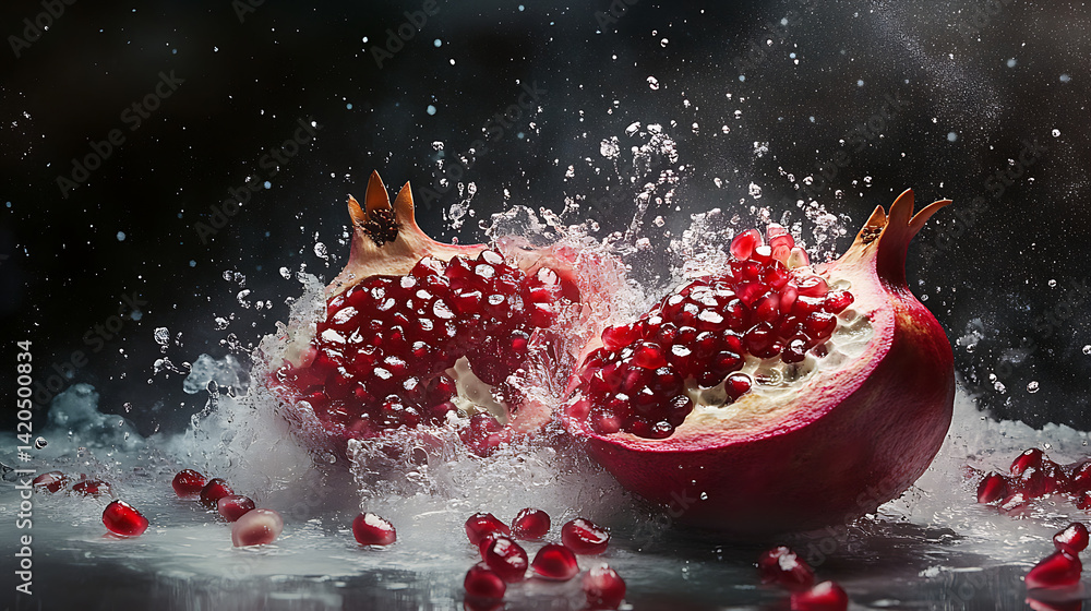 Fresh pomegranate halves with jewel like seeds are splashing in water, creating vibrant and dynamic scene. rich red color and glistening droplets evoke sense of freshness and vitality Fresh pomegranate halves with jewel like seeds are splashing in water, creating vibrant and dynamic scene. rich red color and glistening droplets evoke sense of freshness and vitality