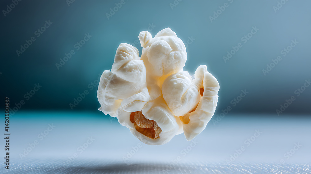 Popcorn kernel bursting in mid air, showcasing its fluffy texture and unique shape. image captures moment of transformation, evoking sense of excitement and fun Popcorn kernel bursting in mid air, showcasing its fluffy texture and unique shape. image captures moment of transformation, evoking sense of excitement and fun
