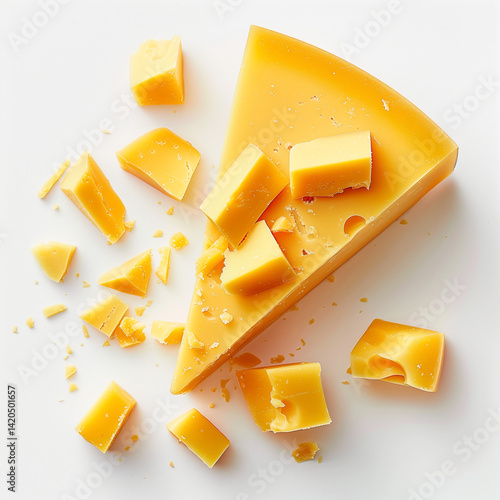 Triangle Block of Cheddar Cheese with Chunks Around on White Background