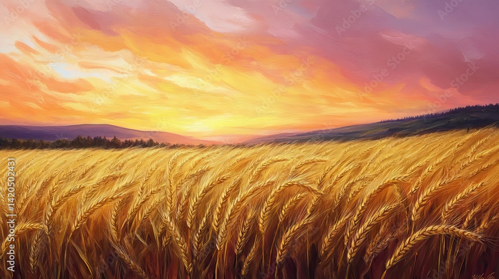 Obraz premium Golden wheat field painted under a vibrant, colorful sunset landscape