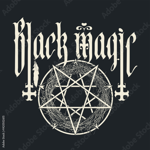 Hand drawn banner with pentagrams, inverted crosses and words black magic, gothic font. Satanism symbol, occult witchcraft sign. T-shirt design, music cover, flyer, poster. No AI used
