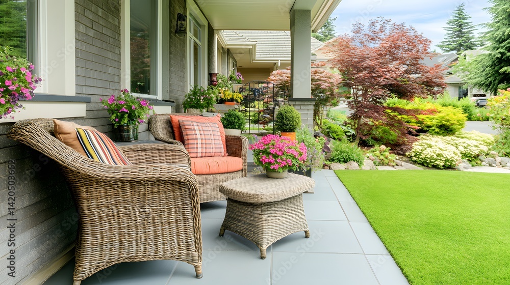 Fototapeta premium Wicker Patio Furniture on Modern Porch with Lush Landscaping