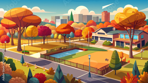 Panoramic view of a suburban park in Werribee, Melbourne, Australia with autumn foliage, a public basketball court, green open lawns, and pedestrian pathways