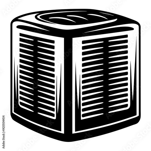 A stylized black and white illustration of an outdoor air conditioning unit