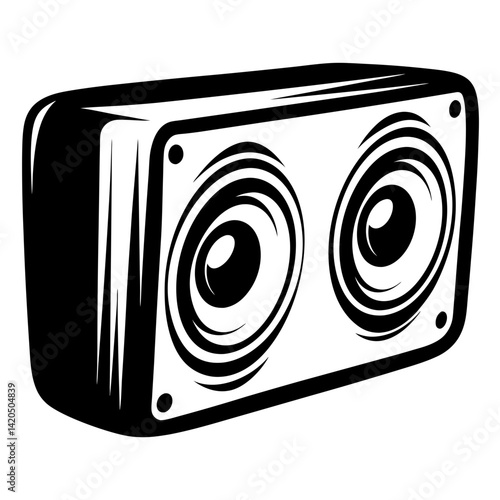 Monochrome illustration of a vintage style audio speaker with two subwoofers