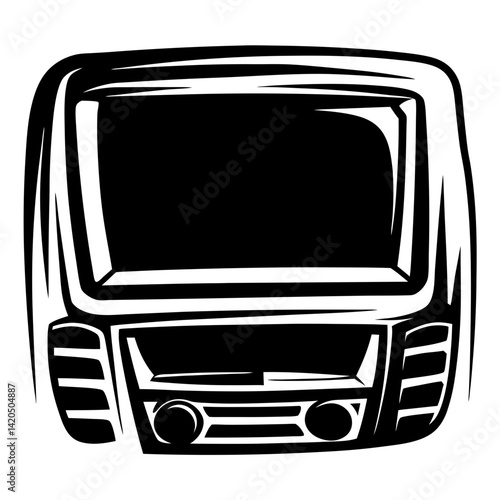 Stylized Black and White Car Dashboard with Screen and Control Knobs