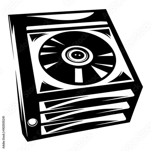 Black and white abstract illustration of a hard drive disk or enclosure