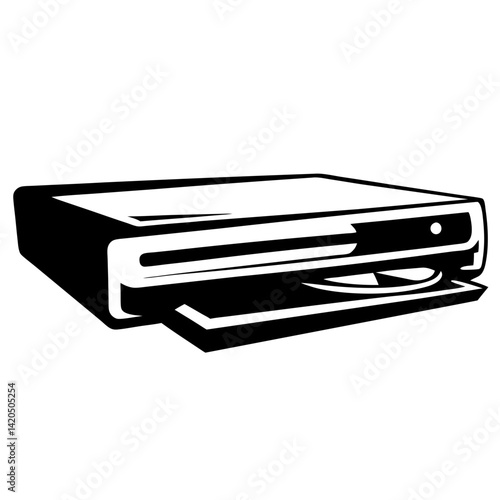 Black and white graphic of a DVD player with disc tray open